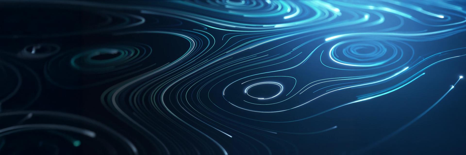 Abstract digital rendering of flowing blue and turquoise contour lines on a dark background, symbolizing precision and innovation at ZEISS.