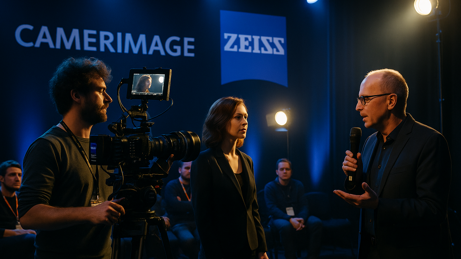 A professional interview setup at a CAMERIMAGE event, featuring a cameraman, an interviewee, and a moderator, with the ZEISS logo prominently displayed in the background.