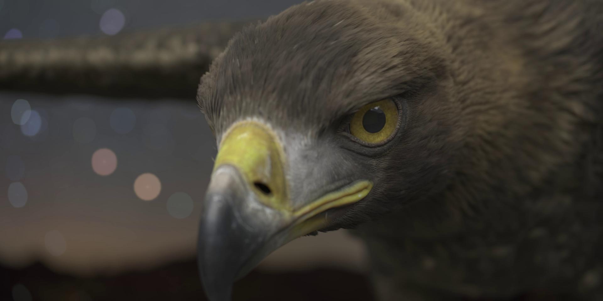 Close-up of a digitally rendered eagle's face with detailed feathers and a sharp gaze, showcasing ZEISS virtual lens technology precision.
