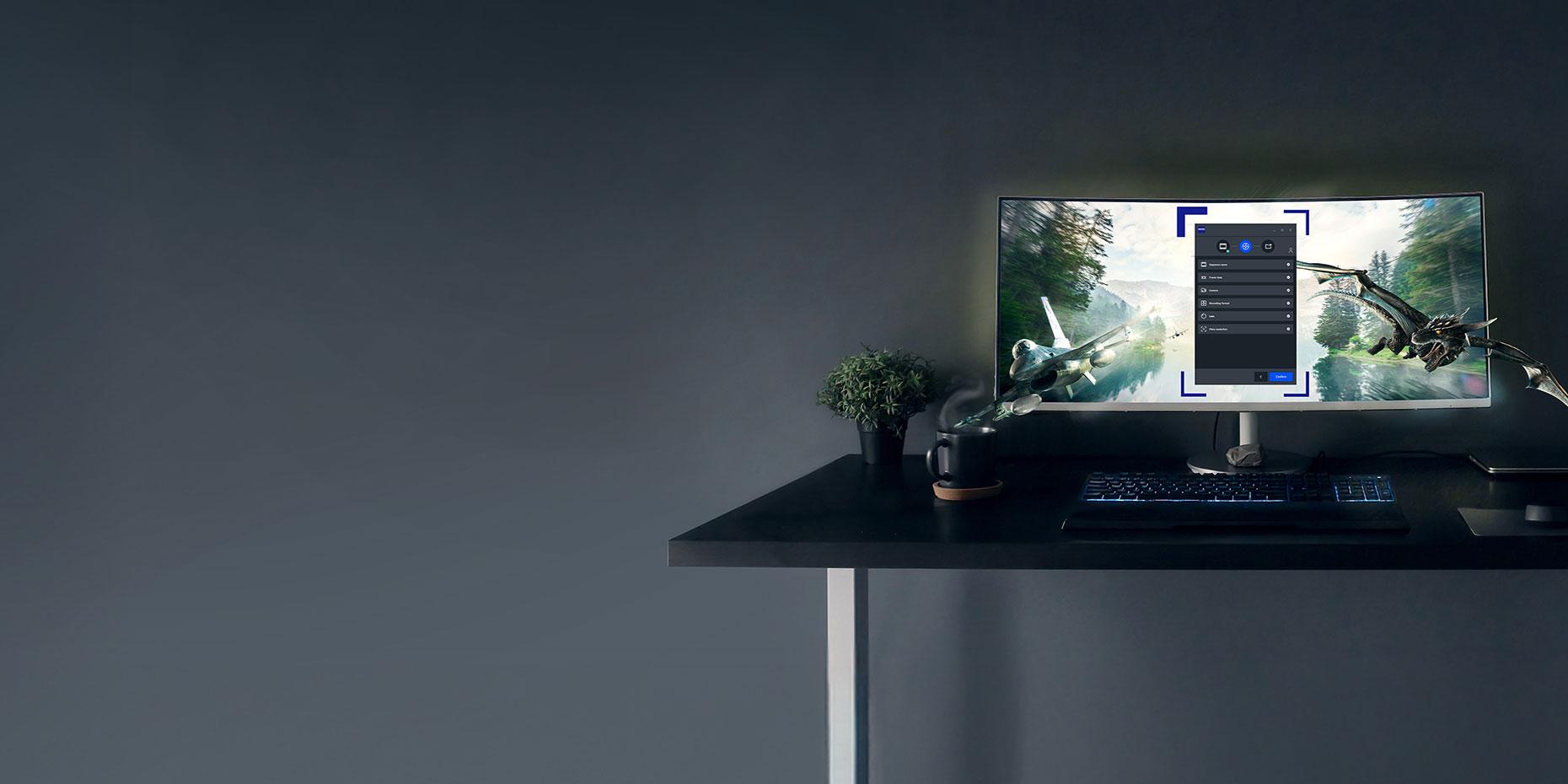 A computer monitor displaying a ZEISS software interface is placed on a black desk with a lamp and small plants against a dark background.