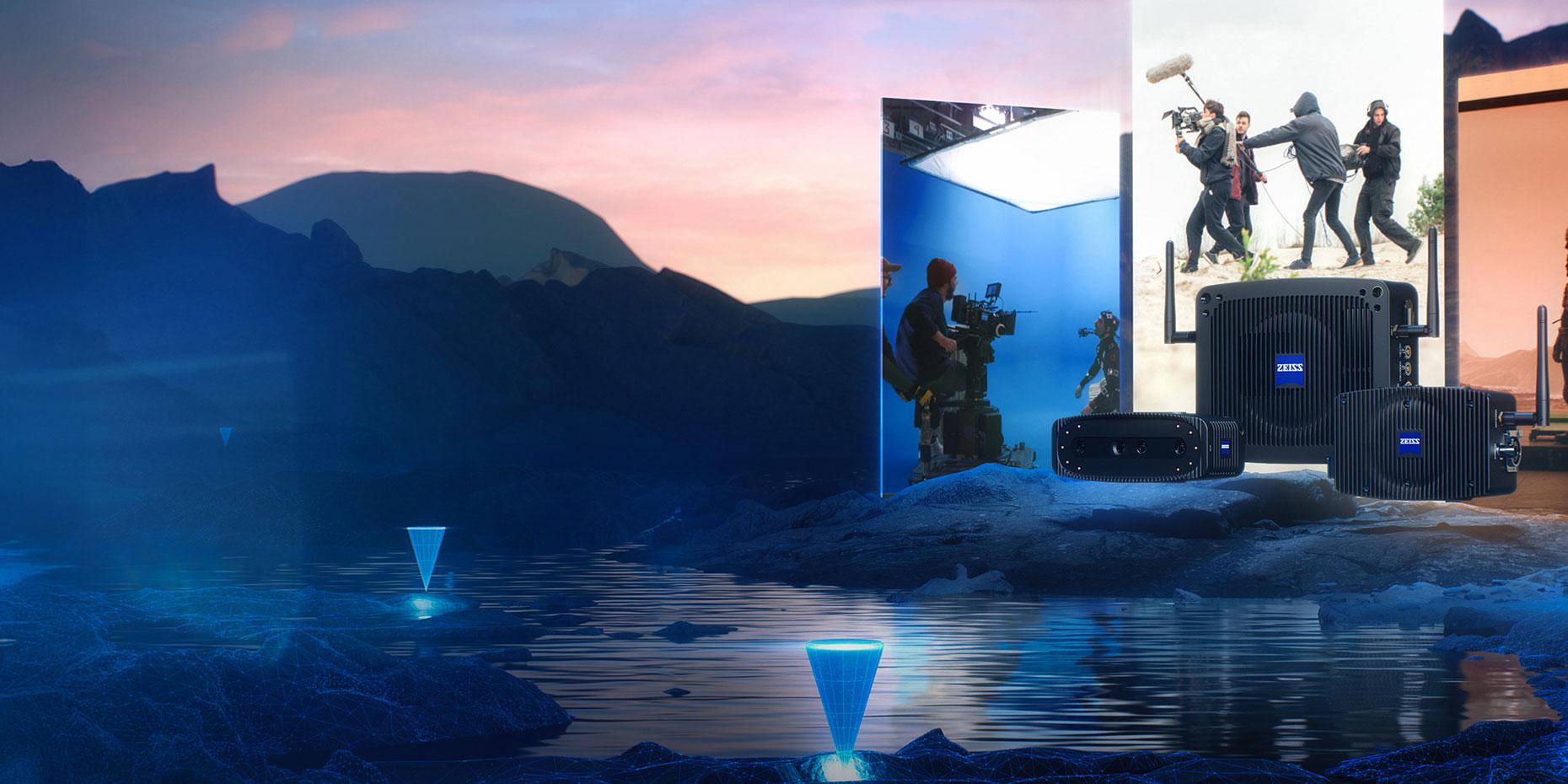 Digital composite image showing a futuristic landscape with glowing blue markers on water and inset scenes of professionals using ZEISS equipment in a high-tech studio environment.