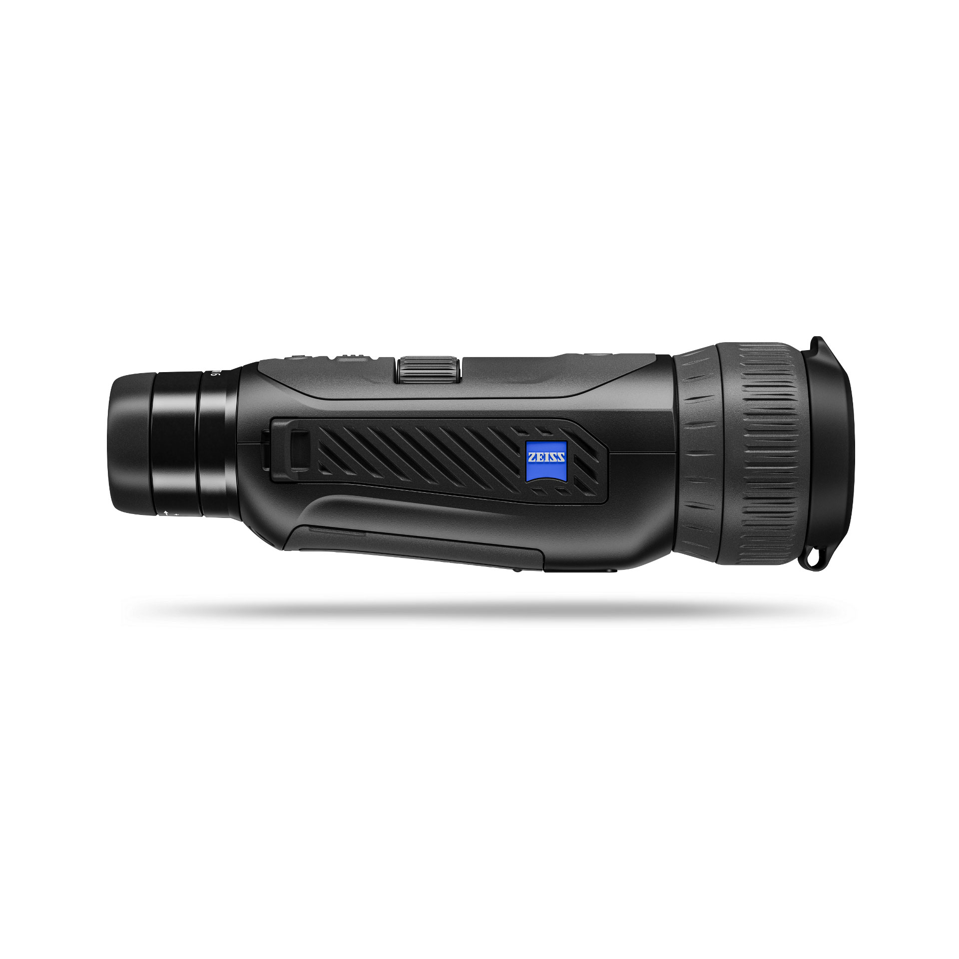 Side view of a black ZEISS thermal imaging monocular with textured grip and ZEISS logo on the body.