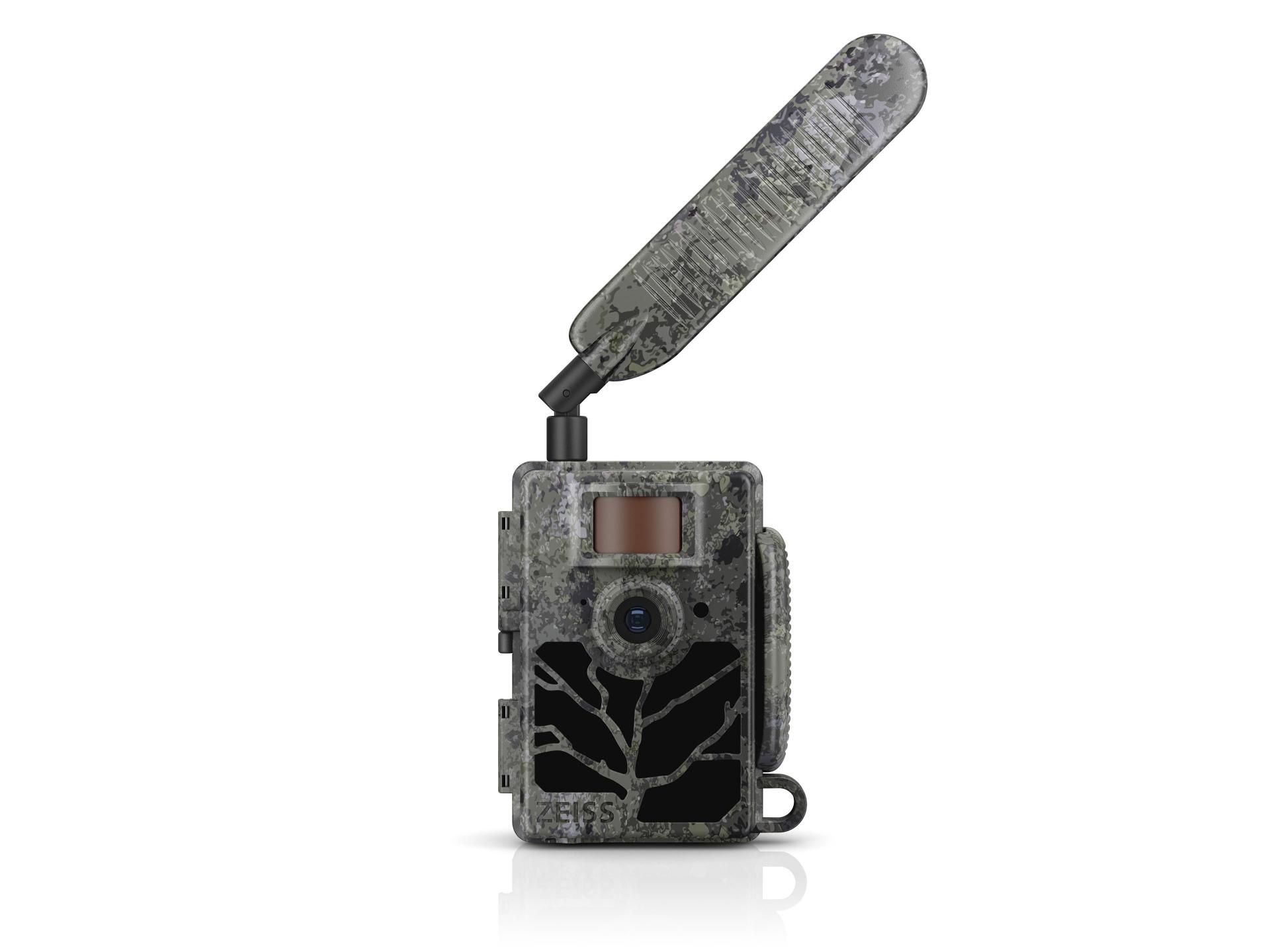 Camouflaged trail camera with an extended antenna and visible ZEISS branding on the front.