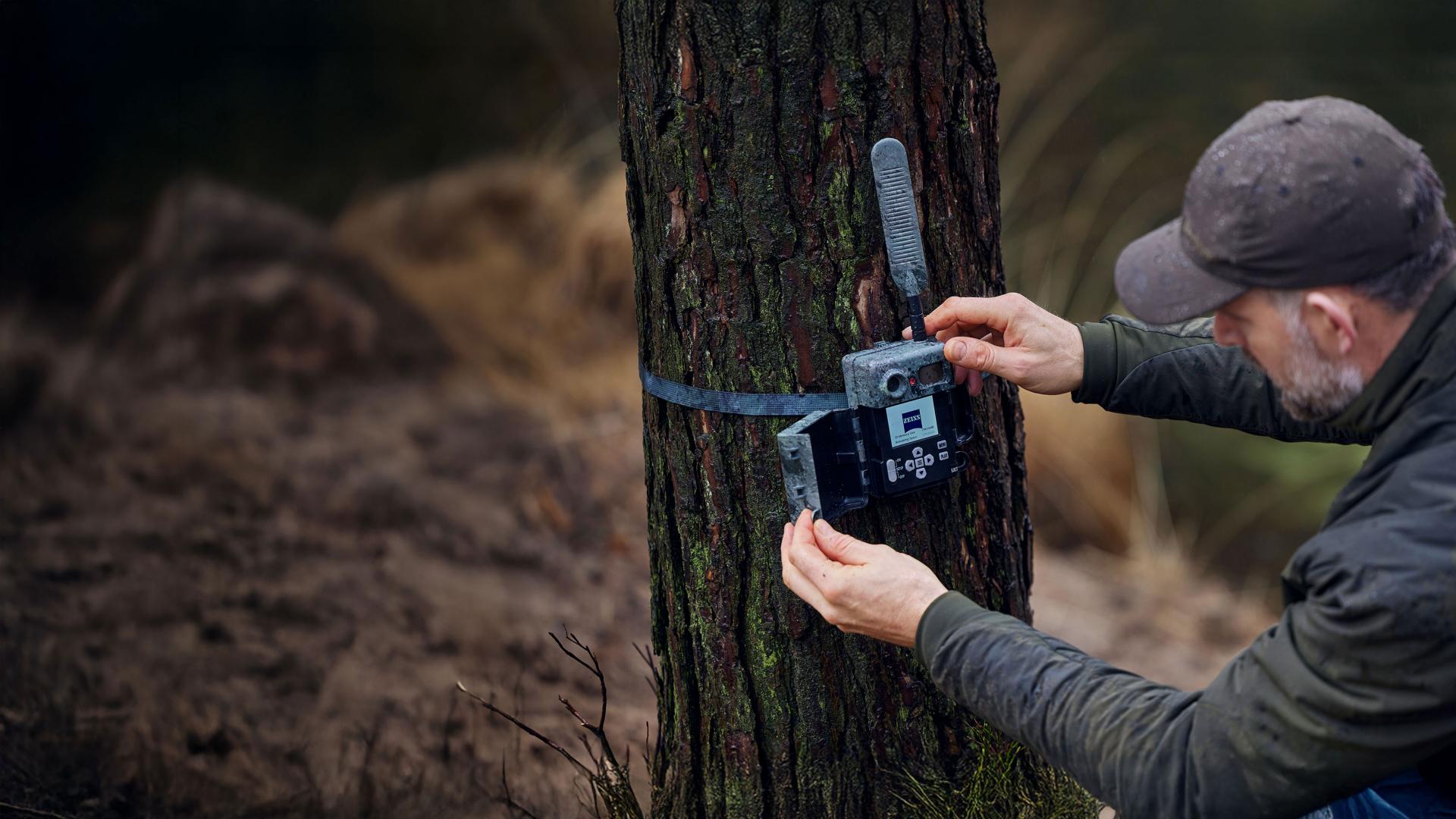 A man is mounting a ZEISS trail camera with an external antenna to a tree in a forested area.