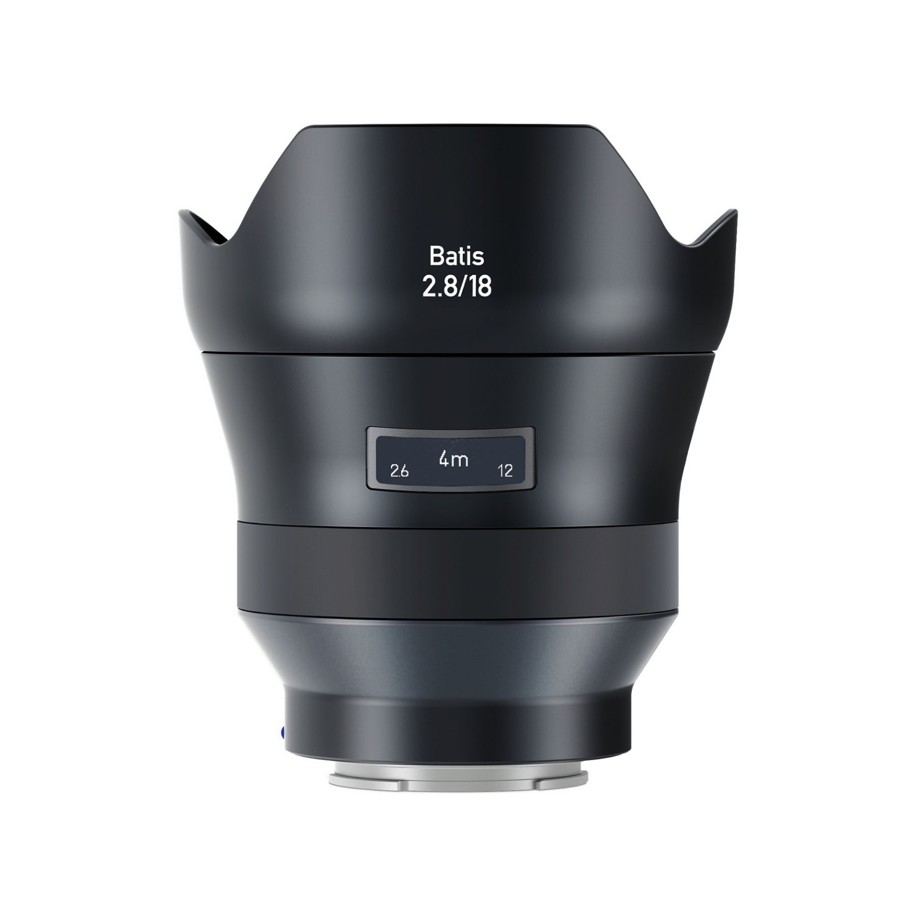 Wide-angle ZEISS Batis 2.8/18 camera lens with integrated OLED display showing focus distance and depth of field.