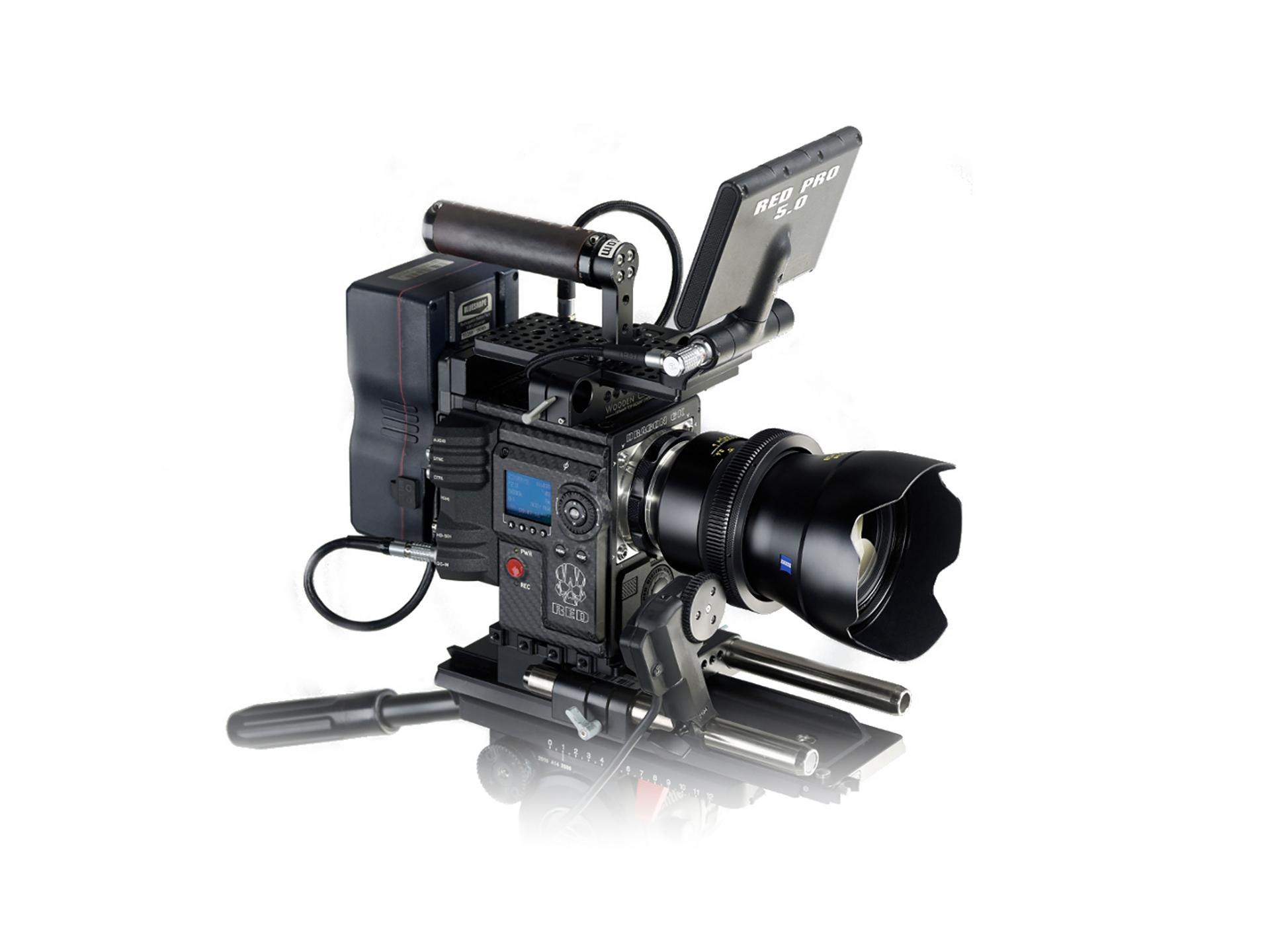 Professional cinema camera rig equipped with a ZEISS lens and various mounted accessories on a white background.