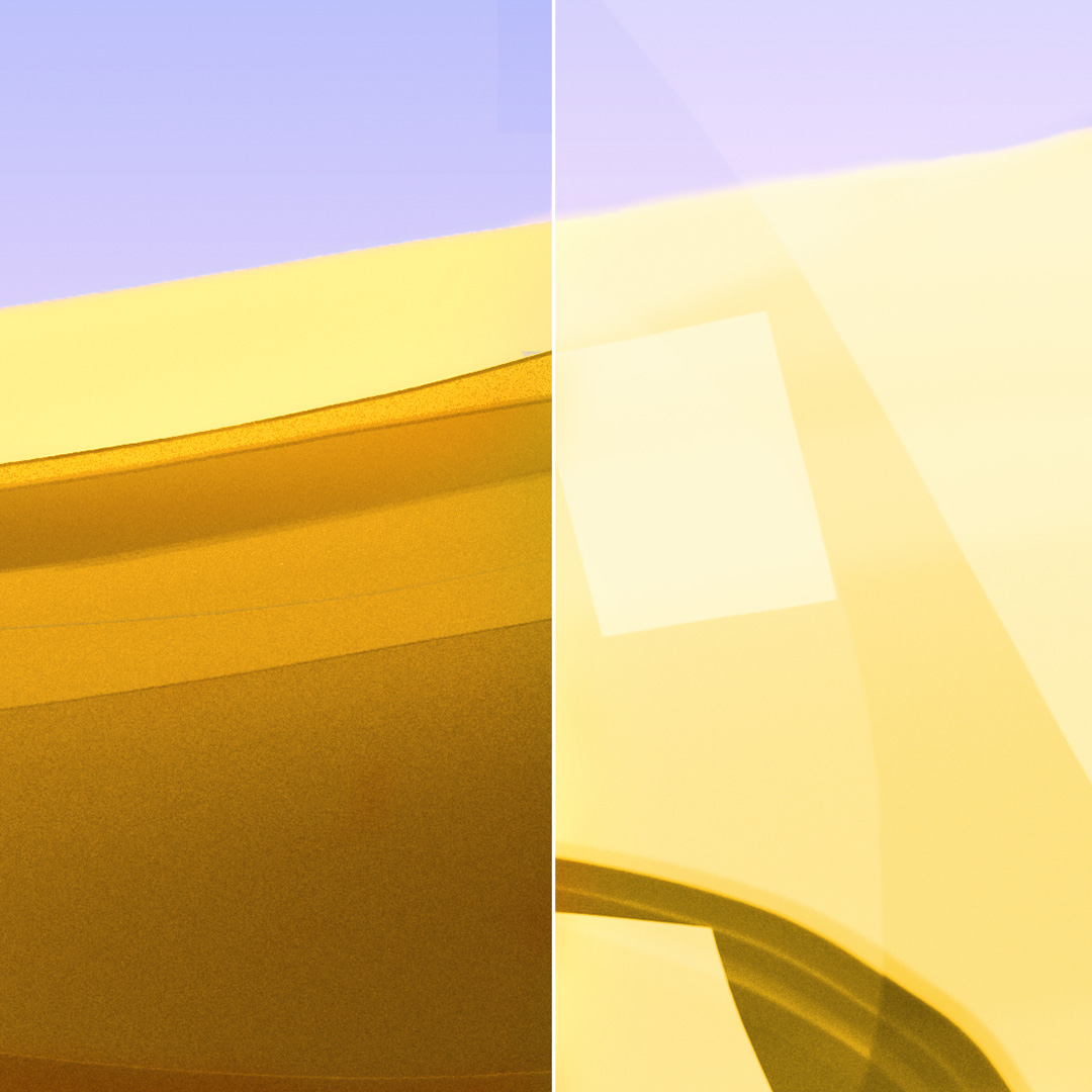 Imágenes divididas de una lente transparente y limpia con ZEISS DuraVision Gold UV y una lente con reflejos intensos.
