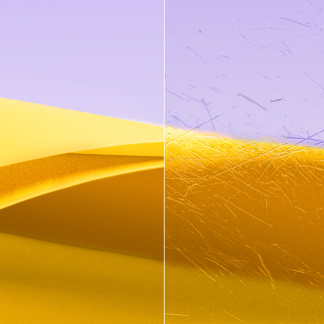 Imágenes divididas de una lente transparente y limpia con ZEISS DuraVision Gold UV y una lente con arañazos.