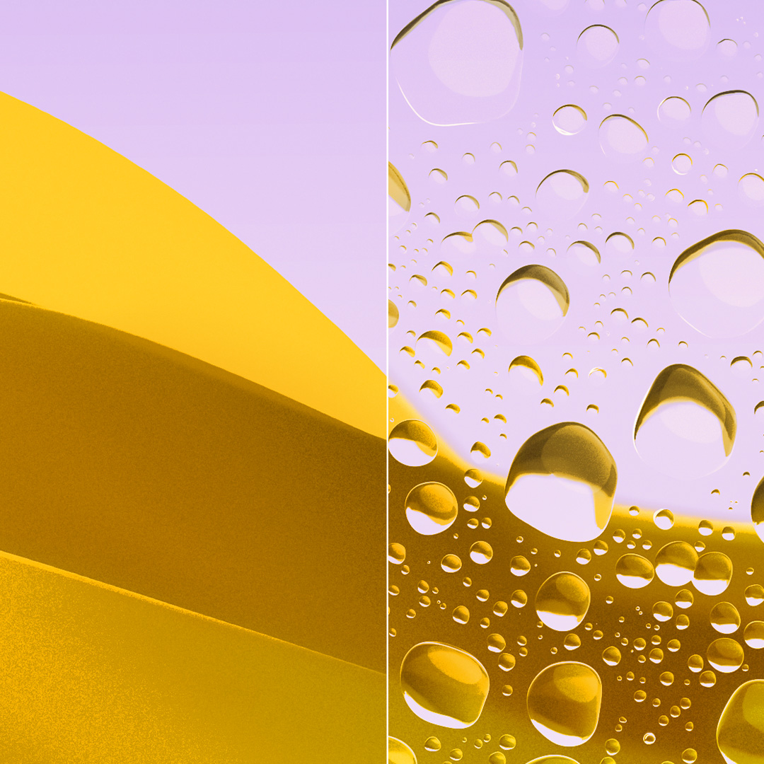 Imágenes divididas de una lente transparente y limpia con ZEISS DuraVision Gold UV y una lente con gotas de agua.