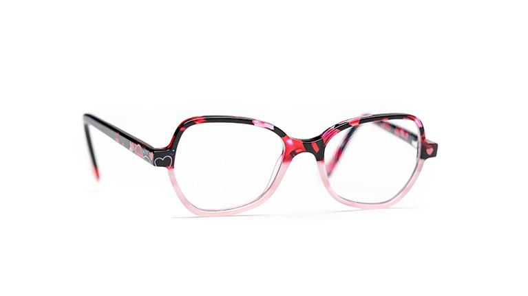 Gafas para niños con montura negra, roja y rosa suave con corazones.