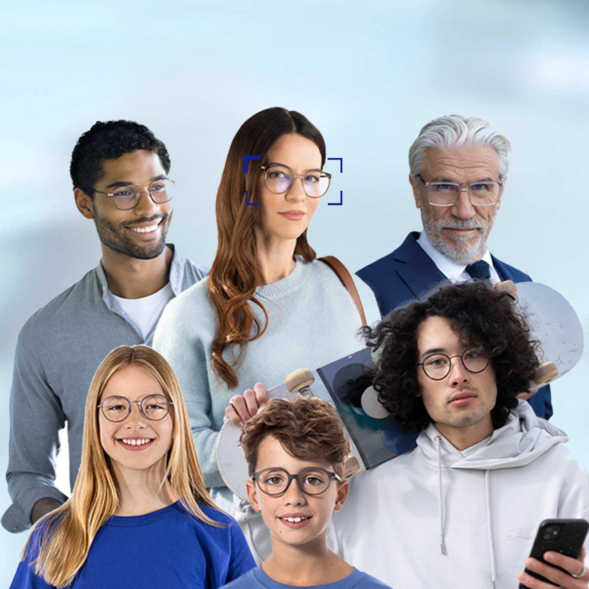 Personas de diferentes edades llevando las lentes SmartLife