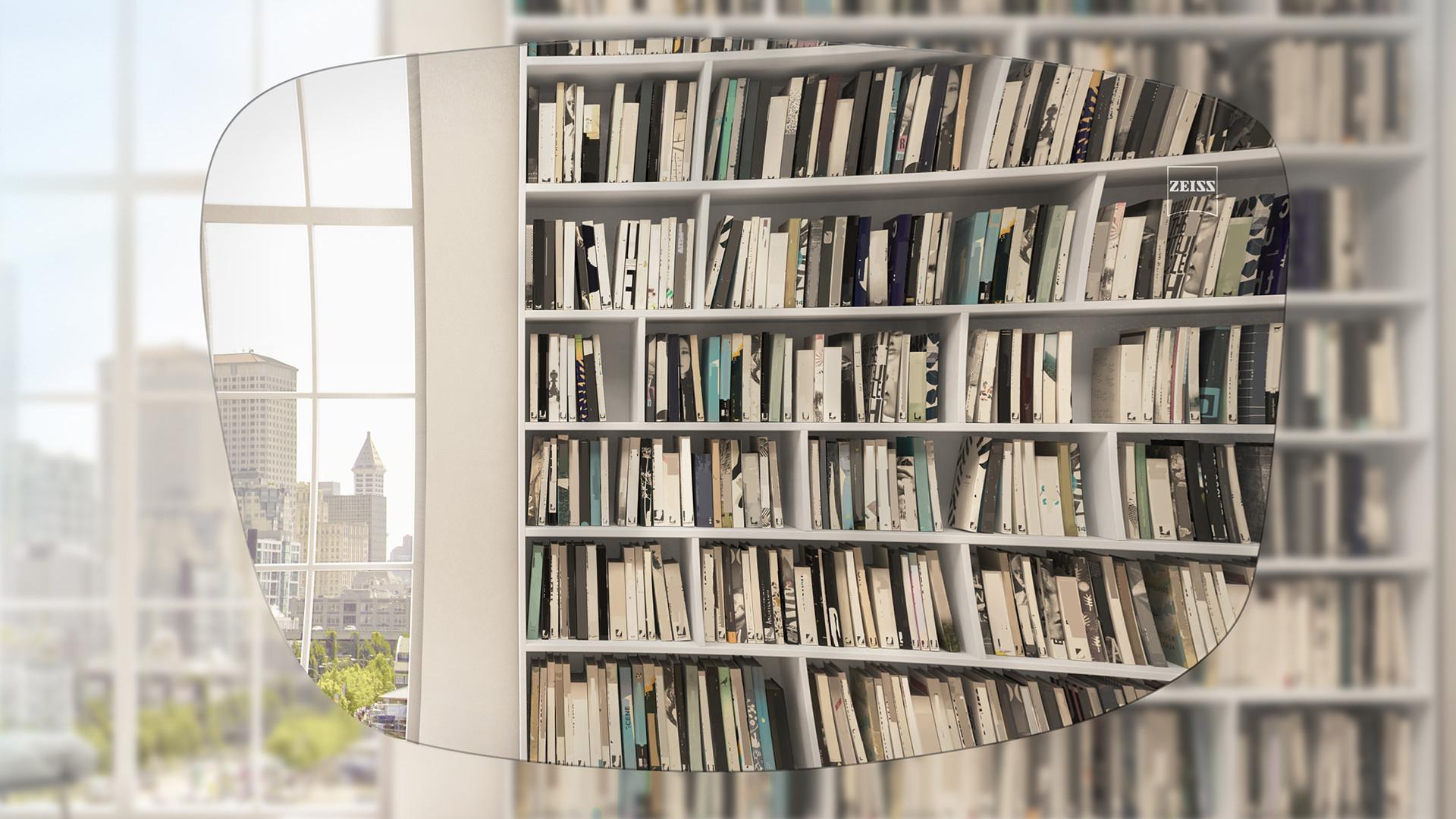Vista distorsionada a través de una lente de una estantería de libros y una ventana. Las lentes monofocales ZEISS ESF corrigen la ametropía. 
