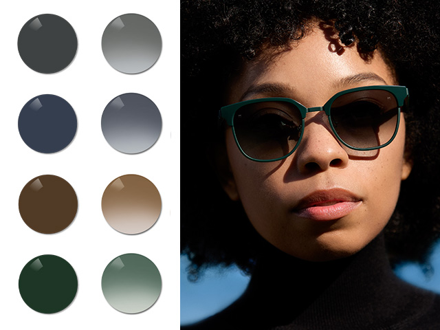 Una joven con lentes de sol graduadas de ZEISS de color negro degradado. A continuación, aparecen los colores negro, gris, marrón y pioneer, o gris verdoso, tanto en formato uniforme como degradado.