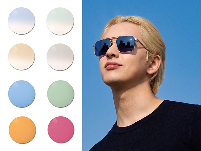 Un joven con lentes de sol graduadas de ZEISS con tinte azul uniforme. A continuación, aparece la paleta de colores de tinte especiales, que abarca desde tonos pasteles hasta tintes uniformes vivos y coloridos.