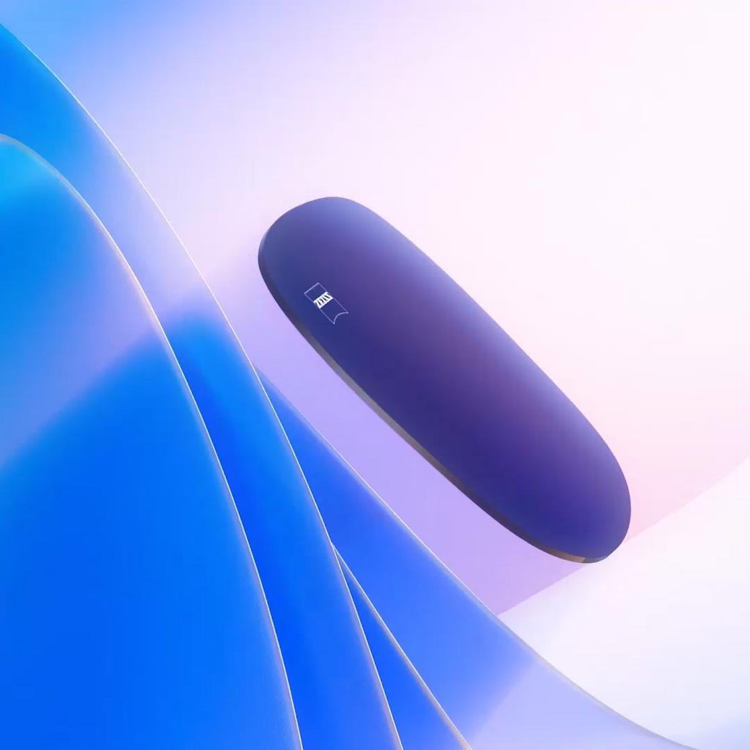 Ilustración en 3D generada por ordenador de una lente tintada flotando hacia una fuente de luz y bloqueando los rayos UV perjudiciales.