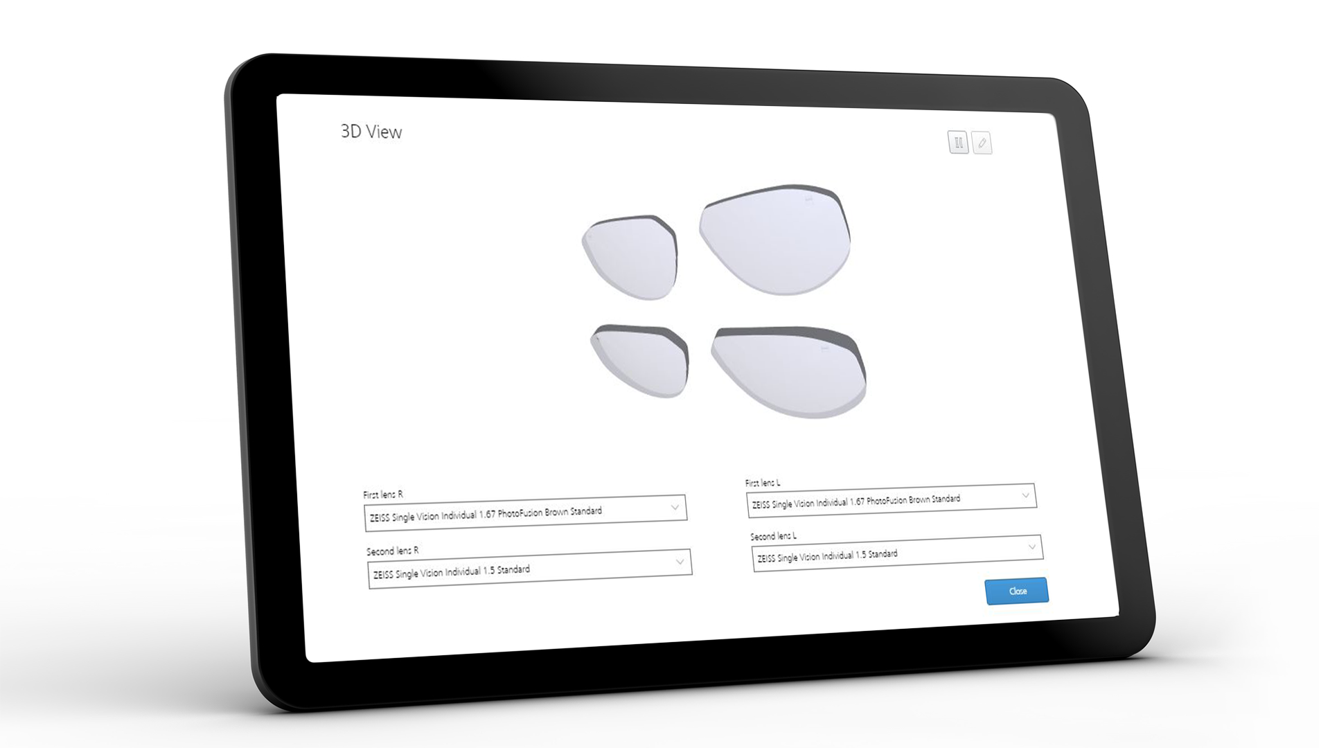 Pantalla de tableta con la interfaz de ZEISS VISUSTORE para la vista en 3D 