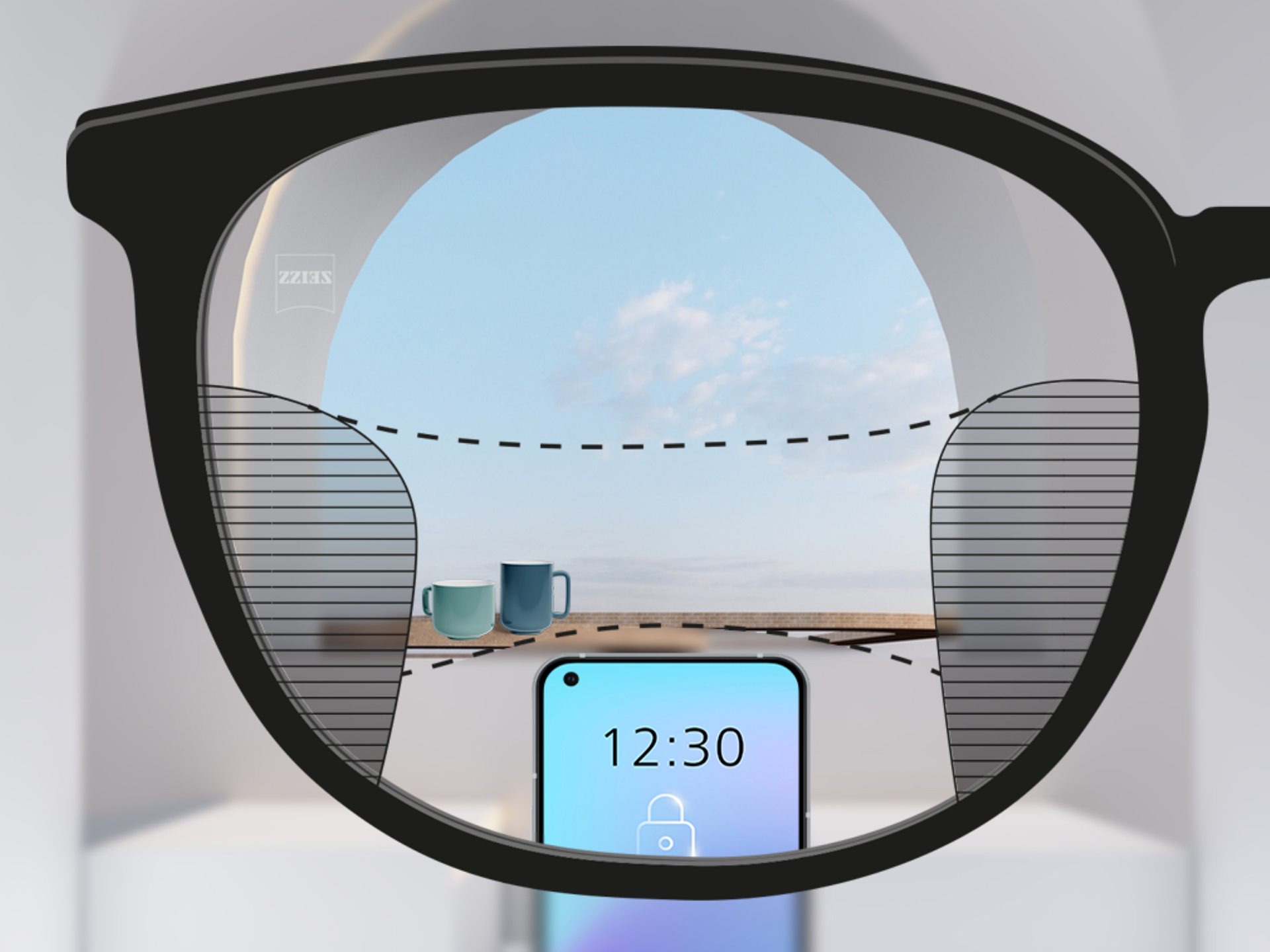 Una imagen a través de una lente progresiva ZEISS SmartLife: las zonas borrosas a izquierda y derecha de la lente son pequeñas y permiten amplias zonas de visión clara.