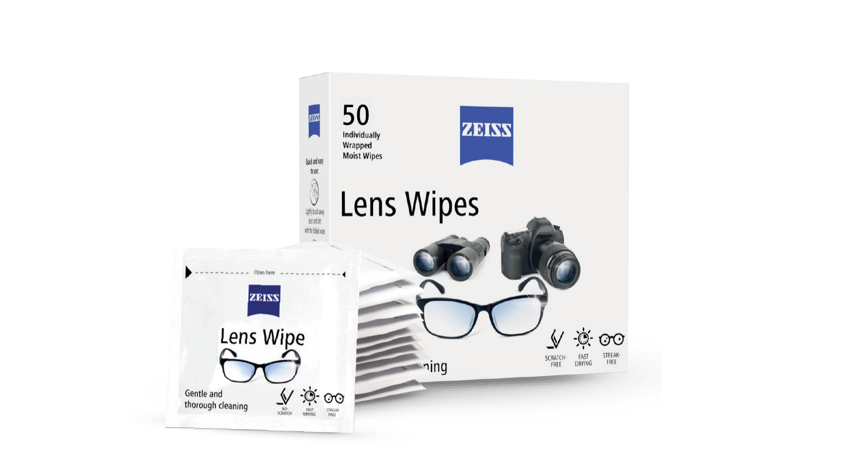 Una imagen de las toallitas limpiadoras para lentes ZEISS.