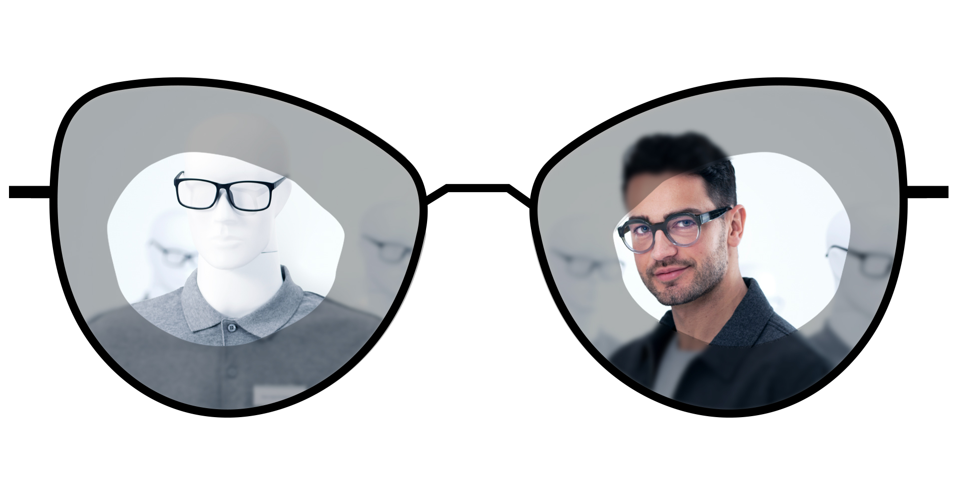 Ilustración de gafas que muestra las zonas borrosas de las lentes monofocales estándar en comparación con las grandes zonas claras de las lentes monofocales ZEISS ClearView.