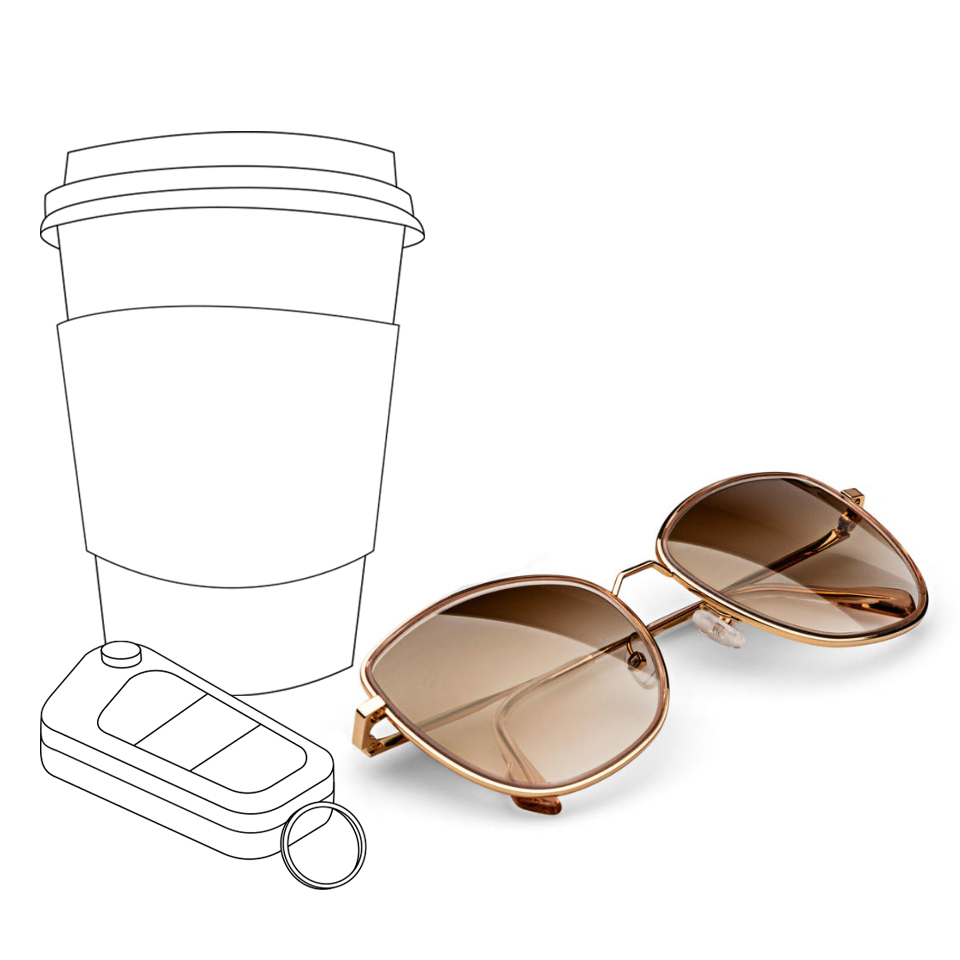 Una taza de café ilustrada y unas llaves de coche junto a una imagen real de unas lentes solares ZEISS de color marrón degradado.