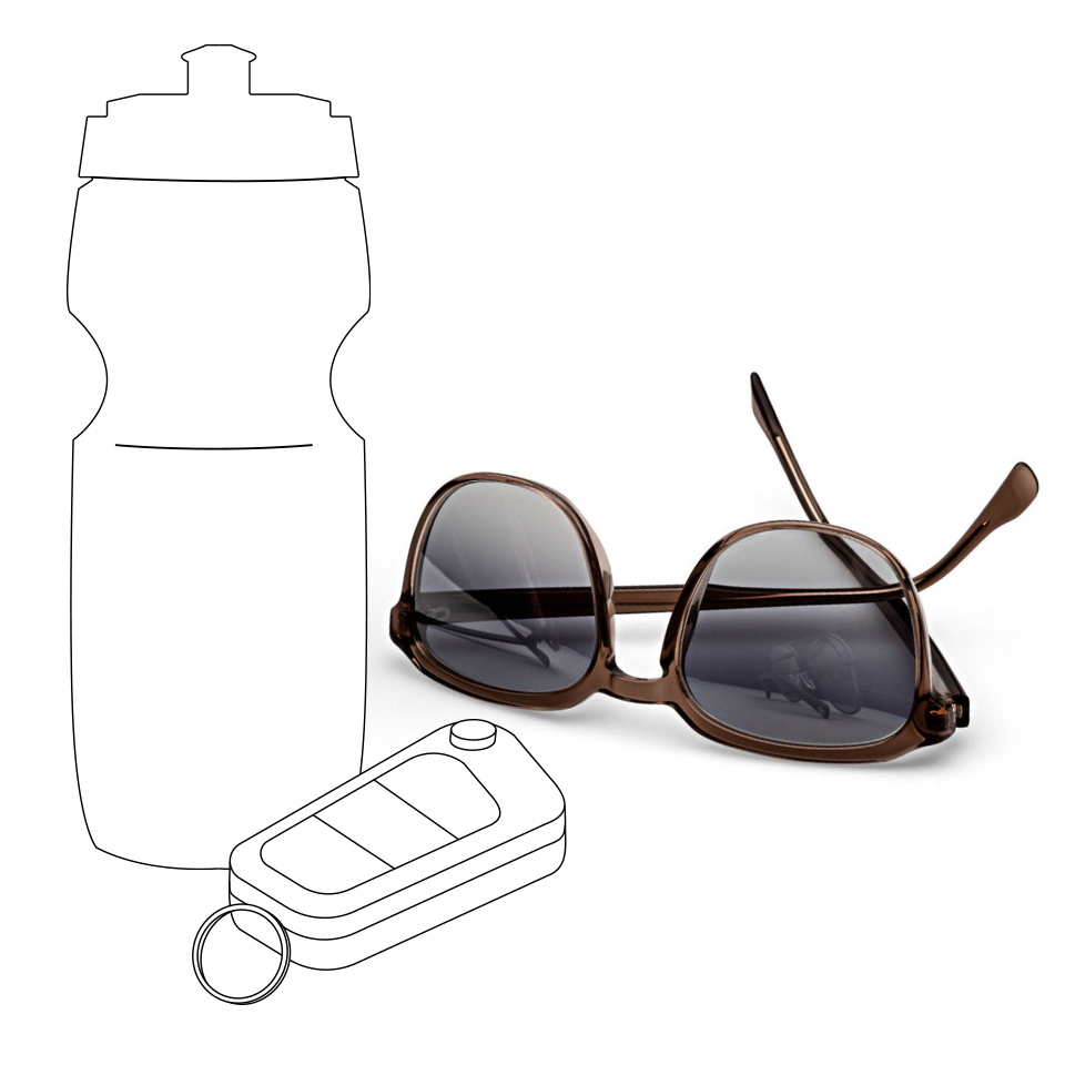 Una botella de bebida deportiva ilustrada y unas llaves de coche junto a una imagen real de unas lentes solares ZEISS de color gris degradado.