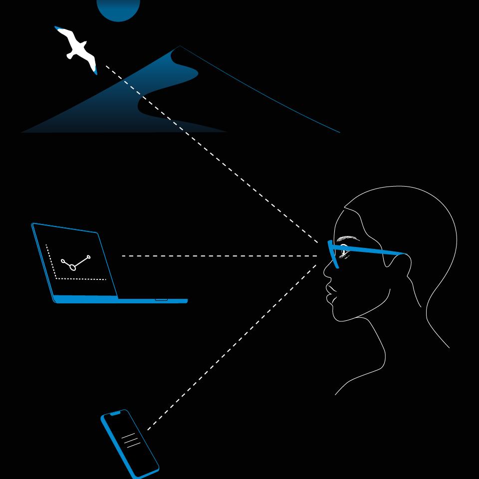 Imagen de una mujer con gafas e imágenes de un teléfono, un portátil y un paisaje que ilustran las tres distancias de las lentes progresivas.