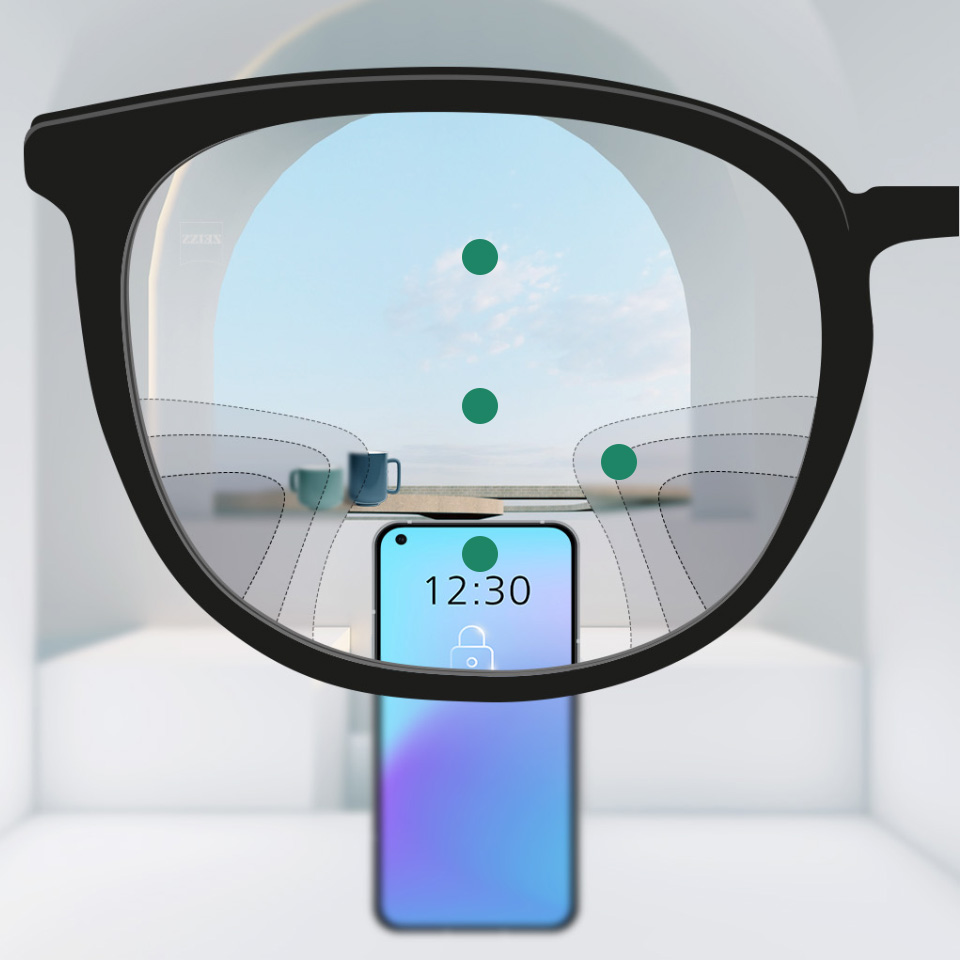 Imagen de lentes con un diseño híbrido que muestra un amplio campo de visión nítido de cerca, de lejos y a una distancia media y transiciones suaves entre las zonas borrosas.