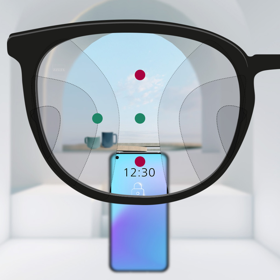 Las lentes con un diseño suave muestran un alargamiento de las zonas borrosas a la derecha y la izquierda y campos de visión de cerca y de lejos más reducidos. Sin embargo, presentan transiciones suaves entre las zonas borrosas y un campo de visión más amplio en distancias medias.