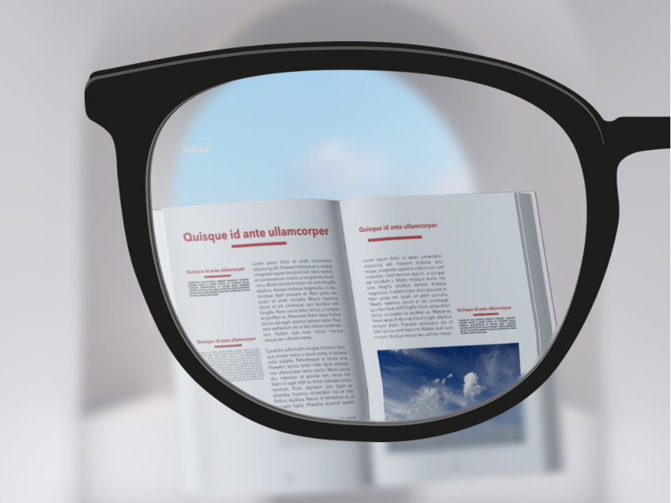  Una imagen con lentes monofocales ZEISS ClearView con un libro y la lente totalmente despejada, además de la parte exterior de la lente. 