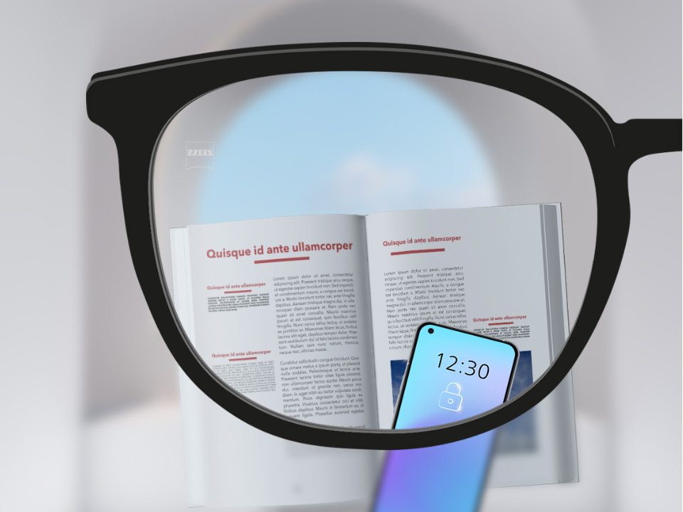 Una imagen con lentes ZEISS monofocales ZEISS SmartLife con un teléfono inteligente/libro y la lente totalmente despejada.