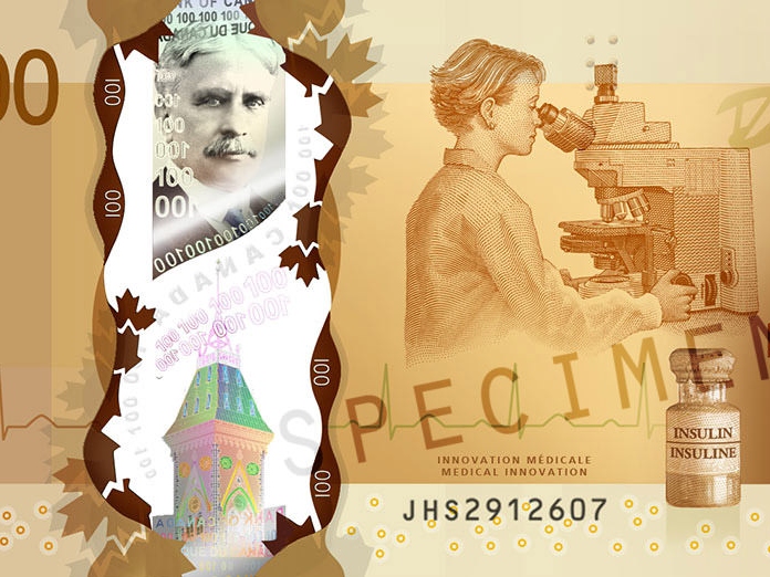 Primer plano del billete de 100 dólares canadienses, en el que aparece, entre otras cosas, un microscopio ZEISS.