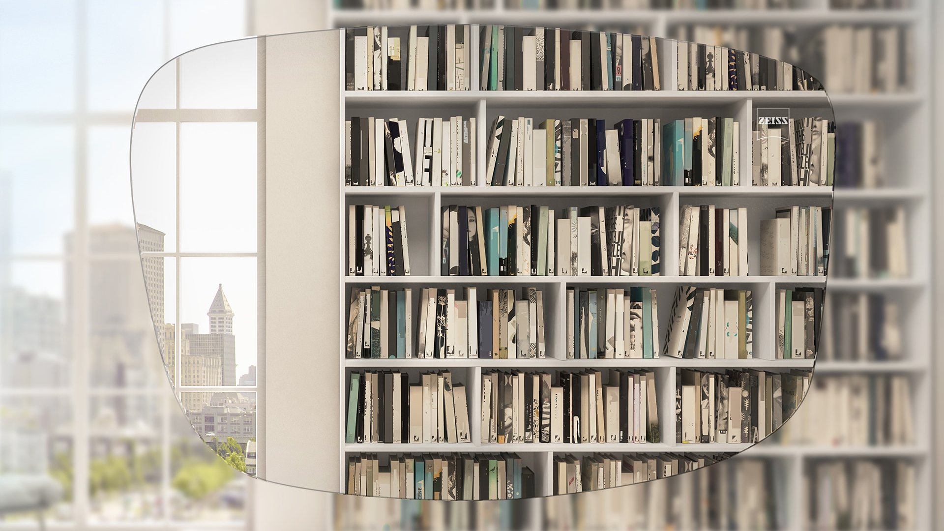 Vista a través de una lente monofocal ZEISS Superb de una estantería de libros y una ventana 