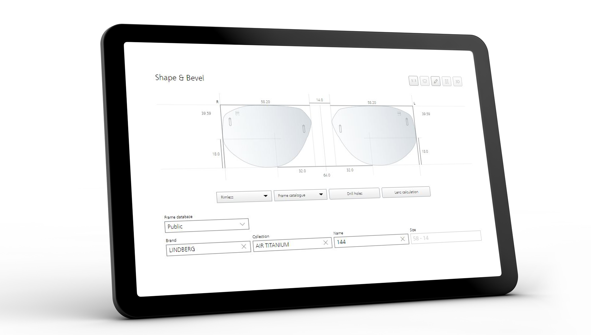 Pantalla de tableta con la interfaz de ZEISS VISUSTORE para la forma y el bisel 