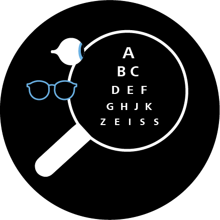 Ilustración de unas gafas, un ojo y una lupa ampliando las letras de una prueba de vista. 