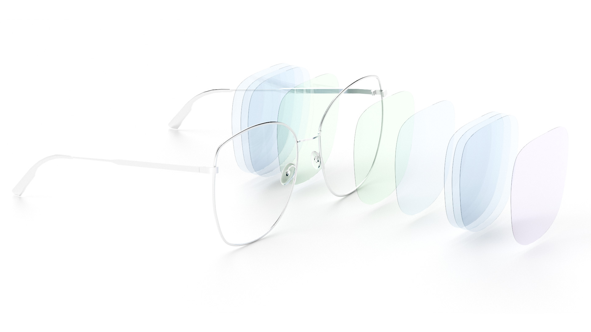 Un par de gafas con las diferentes capas de protector visualizadas.