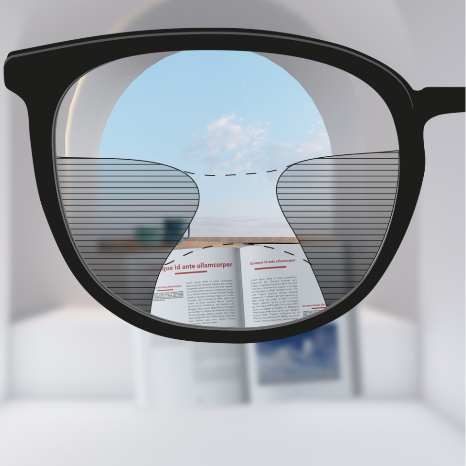 Una imagen deslizante con una lente multifocal convencional a la izquierda, con zonas de visión relativamente limitadas, comparada con una lente a la derecha, que tiene una visión clara a través de una mayor parte de la lente.