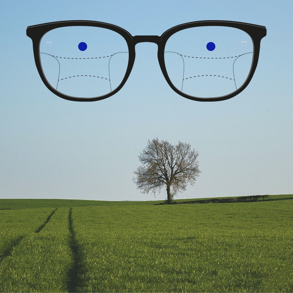 Una montura con lentes progresivas y líneas esquemáticas para indicar las distintas zonas de visión. Se diferencian las partes de la lente: lejos - parte superior de las gafas.
