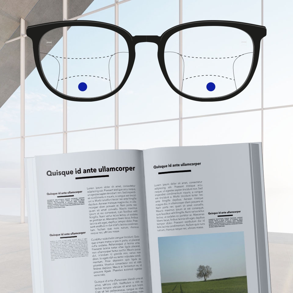 Una montura con lentes progresivas y líneas esquemáticas para indicar las distintas zonas de visión. Se marcan diferentes partes de la lente: cerca - parte inferior de las gafas.