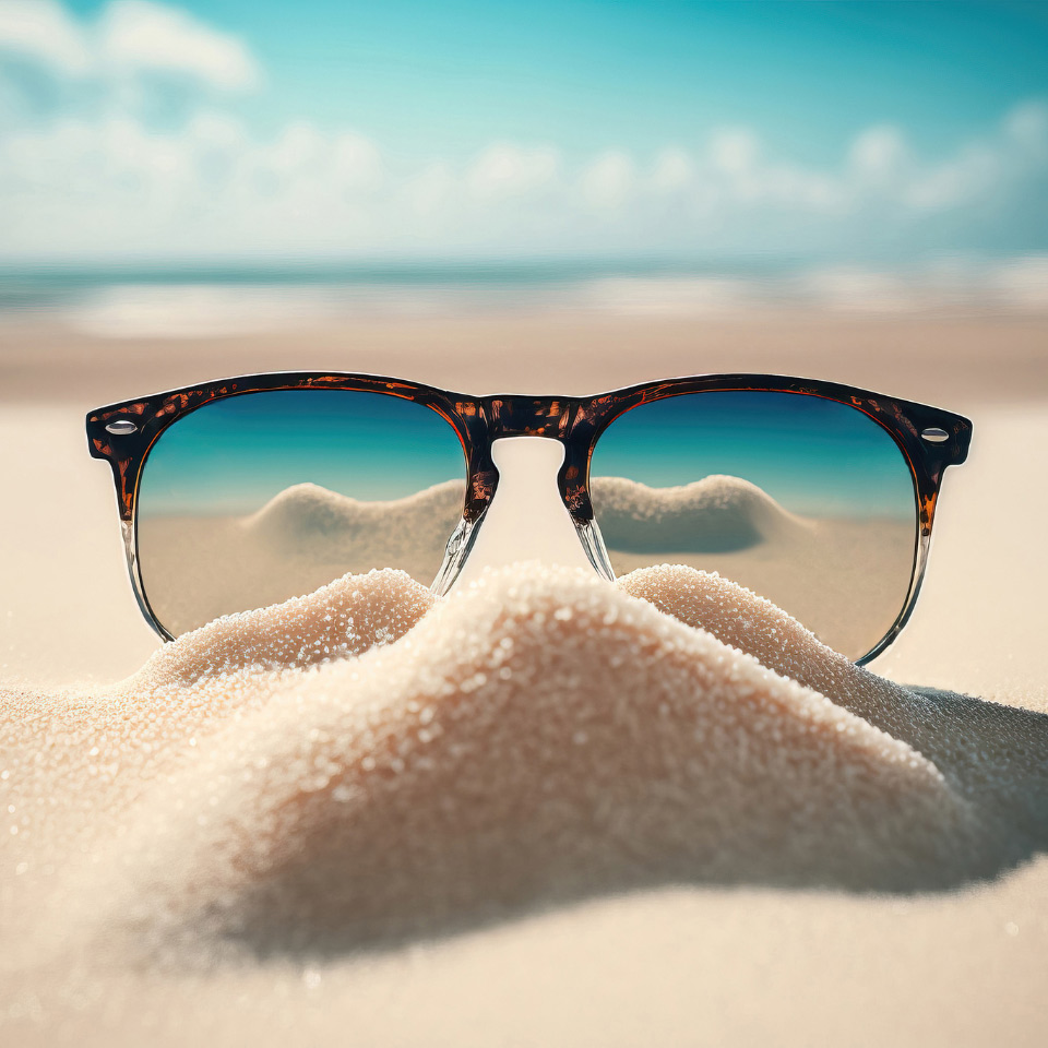 Gafas de sol con efecto espejo clavadas en la arena de una playa.