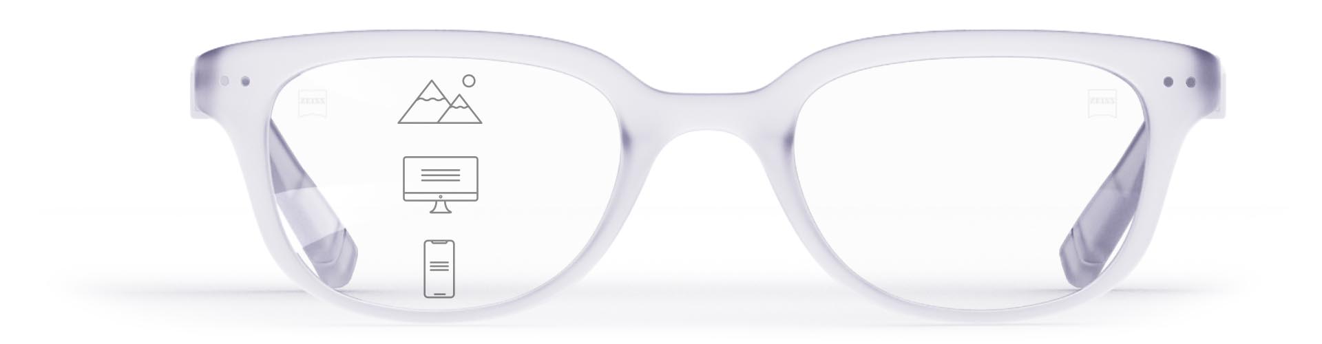 Lentes progresivas ZEISS SmartLife en una elegante montura transparente con iconos que indican las distintas zonas de visión: cercana, intermedia y lejana