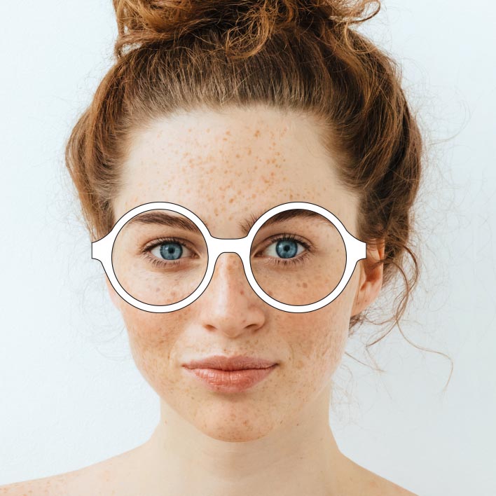 Mujer con gafas ilustradas con medidas de las lentes, que pasan de una montura redonda, a una montura ojo de gato, a una montura cuadrada mientras se ajustan las medidas.